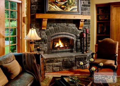  камин: камень  прямоугольной формы + деревянная полка из  прямого бруса с  элементами  фигурной фрезеровки