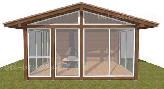 остекленная беседка из клеенного бруса с островным камином  
