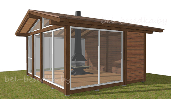  беседка  5x5м  с панорамным остеклением и  островным камином 