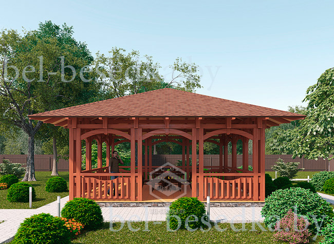 беседка  со спаренными столбами   ограждениями из  вертикальных брусков  
