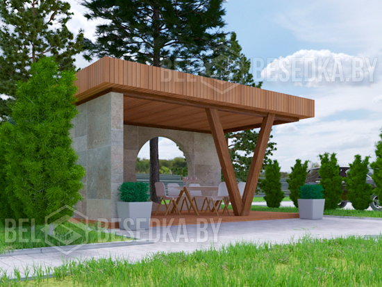 беседка  в стиле  лофт  с  двумя стенами из бетона, V-консольного  опорного брус,   круга    