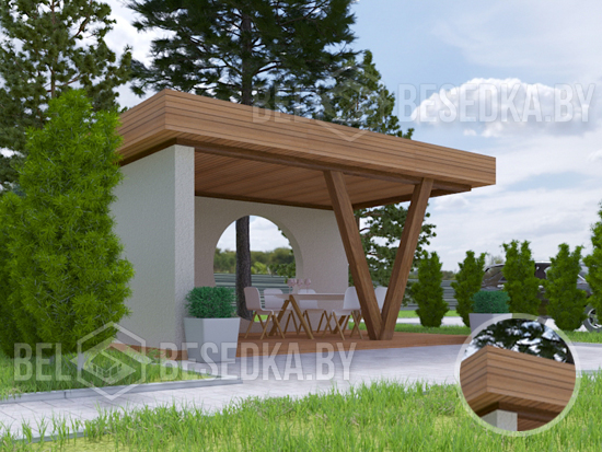 беседка    лофт  из бетона V-консольного бруса  и круга с парапетами из горизонтального  планкена 