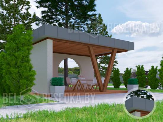 беседка    лофт  из бетона V-консольного бруса  и круга с парапетами из 

модульных металлических касет 