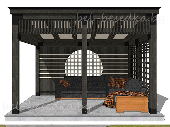 беседка в стиле loft  из дерева с  реечной решёткой и  кругом  