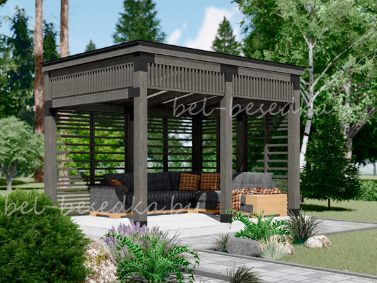     беседка в стиле loft  3x4м   из бруса 150x150мм с ограждением   горизонтальной рейкой c  разноразмерными просветами  