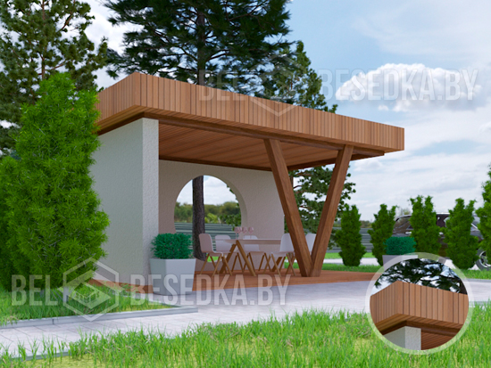 беседка    лофт  из бетона V-консольного бруса  и круга с парапетами из вертикального планкена 