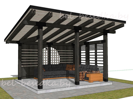  беседка   из дерева с  реечной решёткой   кругом и стальными узловыми элементами 