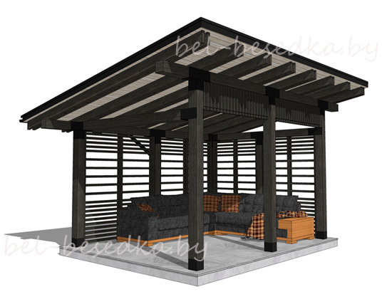  беседка   деревянная 3x4м с зашивкой двух сторон горизонтальной рейкой  