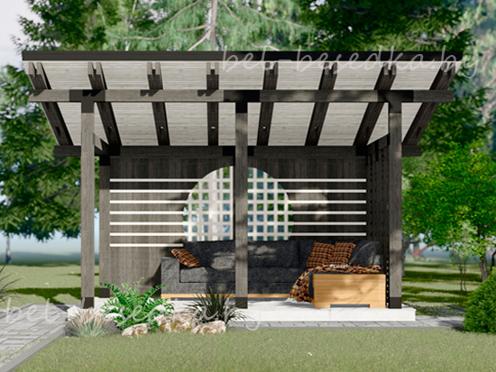  беседка  односкатная из дерева с  горизонтальной рейкой вертикальной рейкой и  кругом  