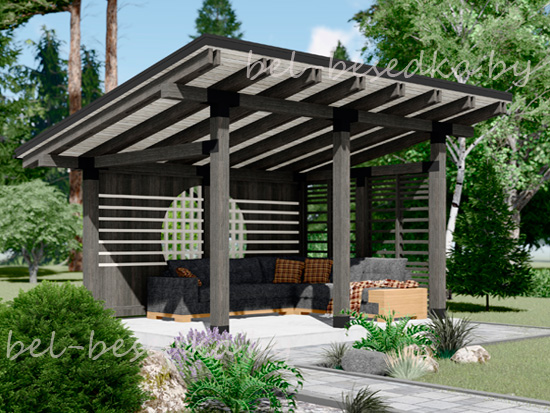  беседка  с односкатная  реечной решёткой и  кругом  