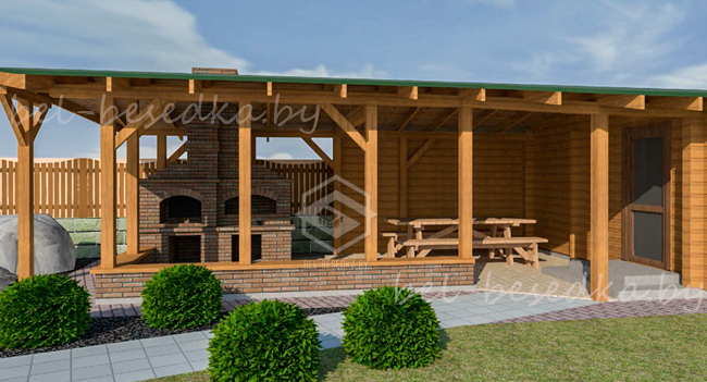   терраса из бруса с 2-х скатной кровлей к бане
  