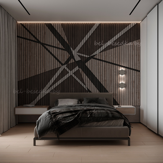  параметрический дизайн, Формальная   3D композиция  в спальной комнате с подсветкой потолочной лентой и настенными светильниками 