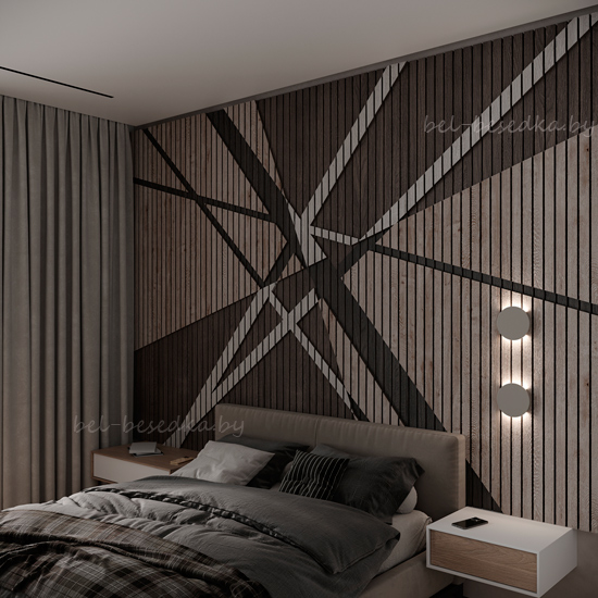  параметрический дизайн, Формальная   3D композиция  в спальной комнате, боковой ракурс с подсветкой   настенными светильниками 