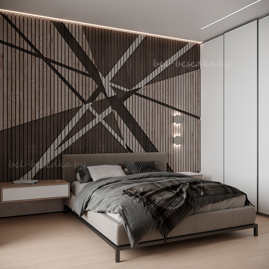  , Формальная   3D композиция  в спальной комнате, боковой ракурс с подсветкой  потолочной лентой и настенными светильниками 