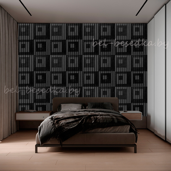  визуализация  монохромной 3D композици  из лиственницы   в интерьере спальной  